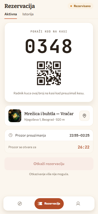 Ekran aplikacije: aktivna rezervacija sa kodom za preuzimanje